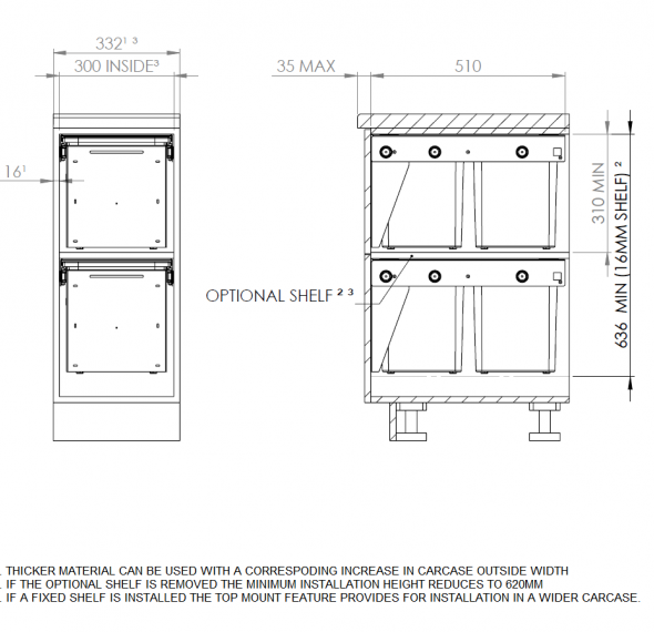 2 x 15L Bucket, Door Pull, White - 2 Bins Stacked - Hideaway Bins